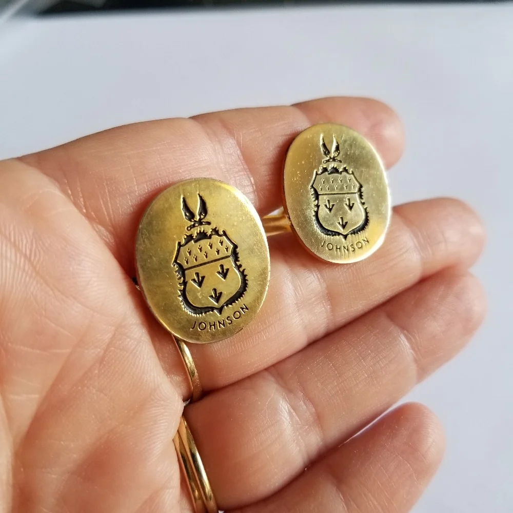 Vintage Johnson family crest cuff links cufflinks gold tone coat of arms